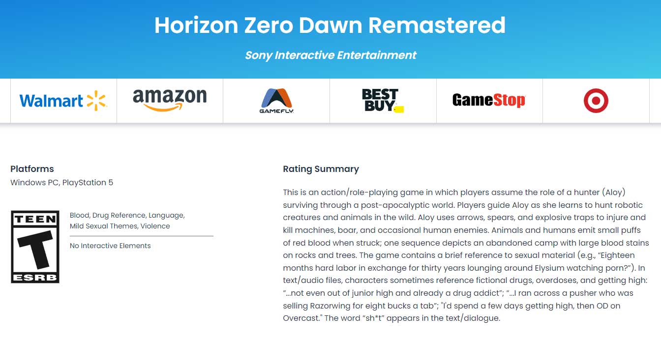 Horizon Zero Dawn Remastered ESRB Rating PS5 PC